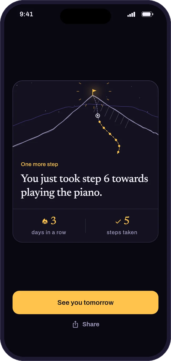 The GoDream celebration: “You just took step 6 towards playing the piano”, 3 days in a row, 5 steps taken.