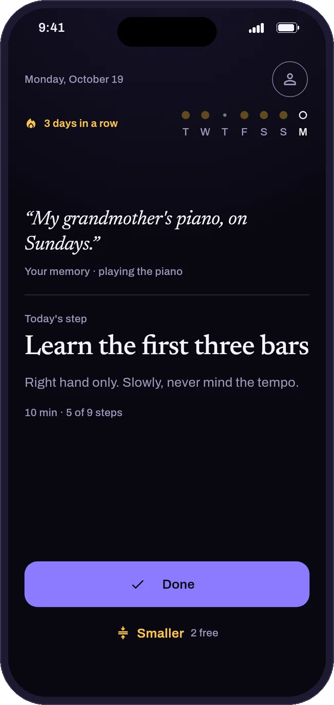 GoDream's Today screen: the childhood memory, and the one step of the day, with “Done”.